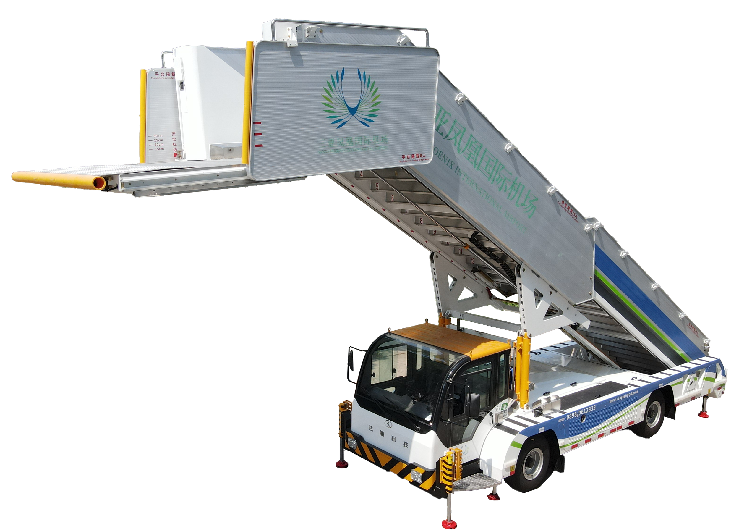 A mobile airport aircraft Jet Bridge connected to an airplane, used for passenger boarding and disembarking.