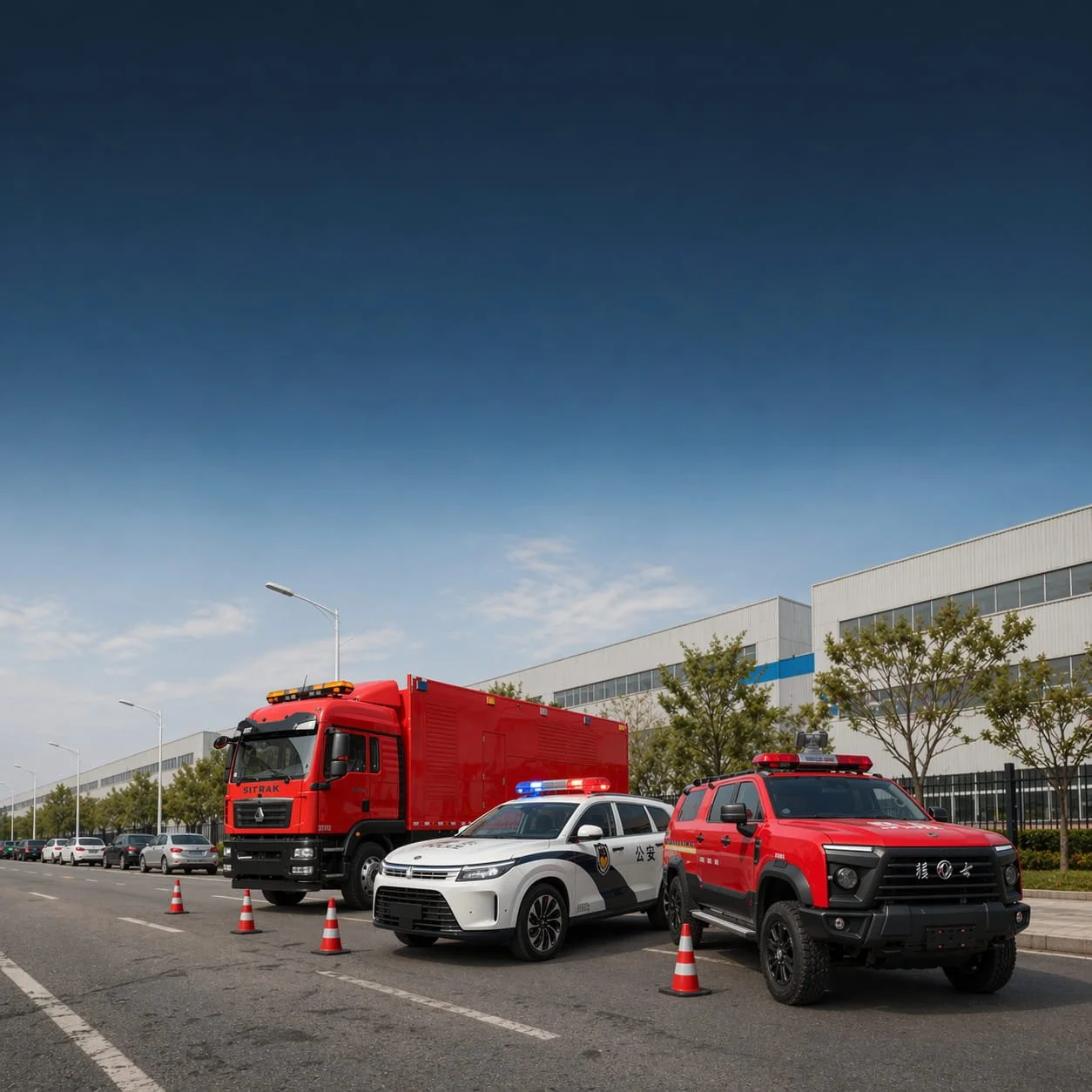 Multiple emergency vehicles, including a red fire truck, a white police car, and a red rescue vehicle, parked on a city street with traffic cones around them, in front of a large industrial building and trees under a blue sky.