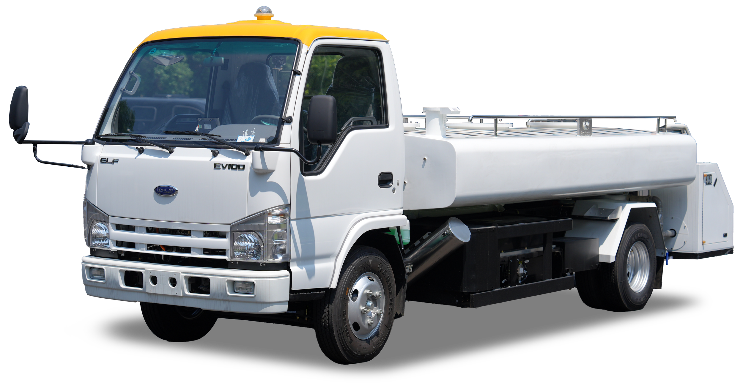 White utility truck with a yellow roof, large front windshield, and a flatbed with metal rails, set against a plain background.