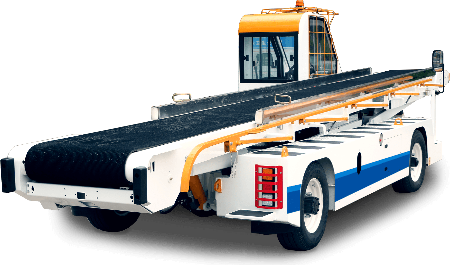 A white and orange airport baggage conveyor loader with a black conveyor belt, designed to load luggage onto aircraft.