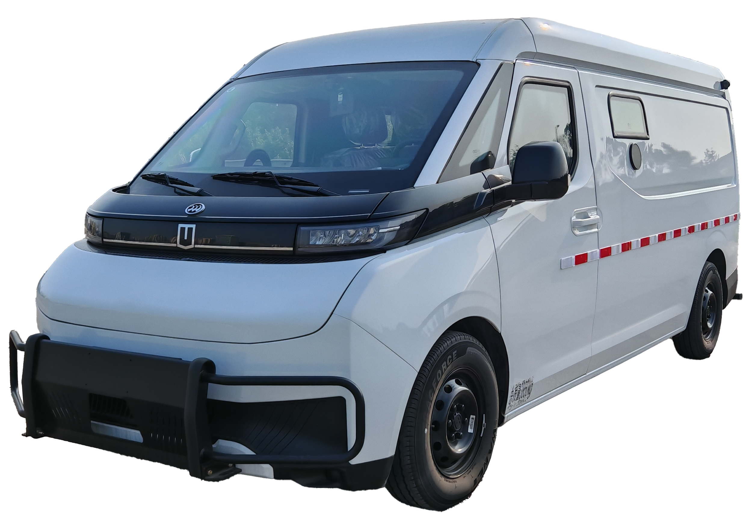 White electric bulletproof cash-in-transit van with black accents and protective front bumper, featuring a high roof and side doors.