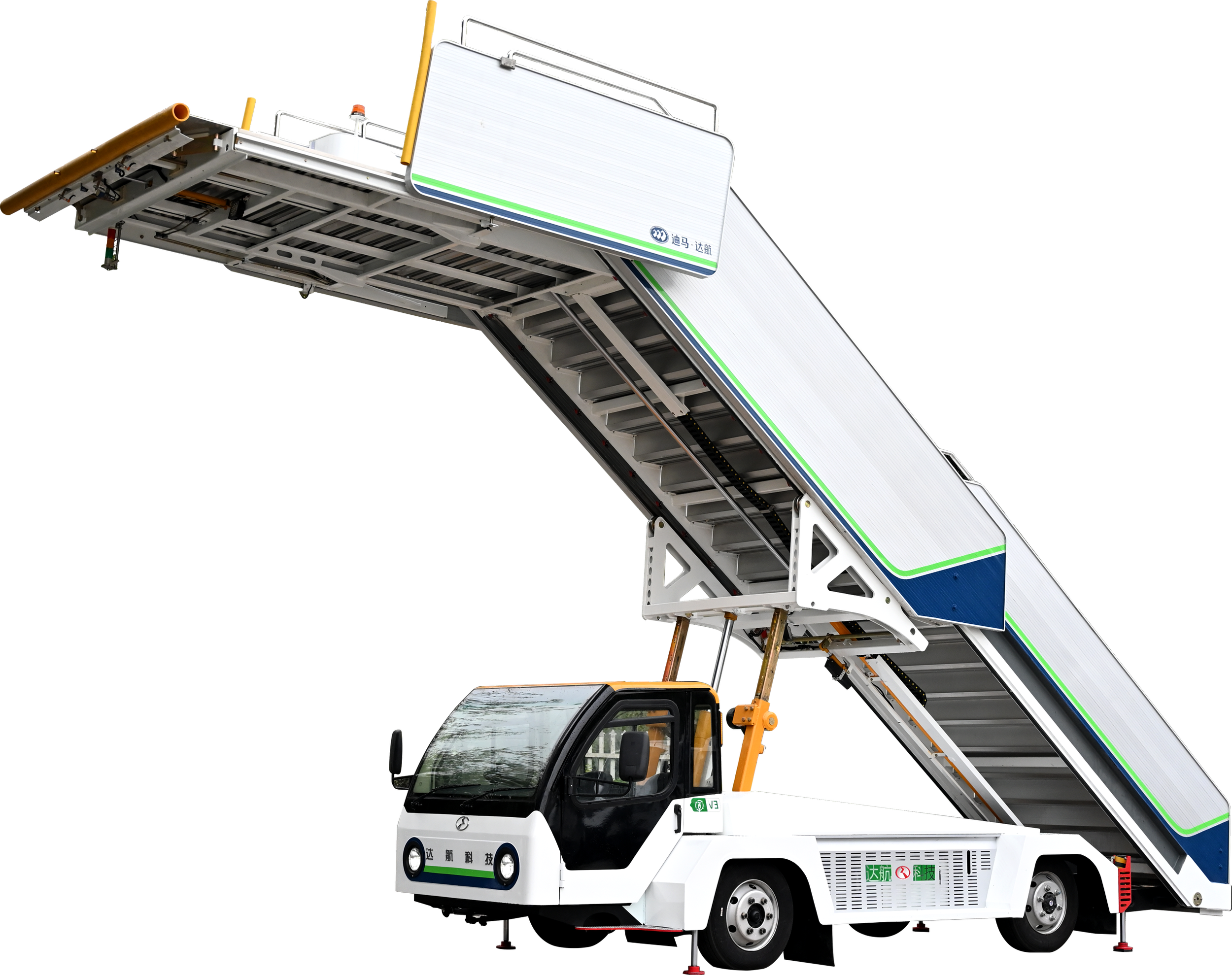 Automated airport jet bridge vehicle with an extendable boarding ramp.