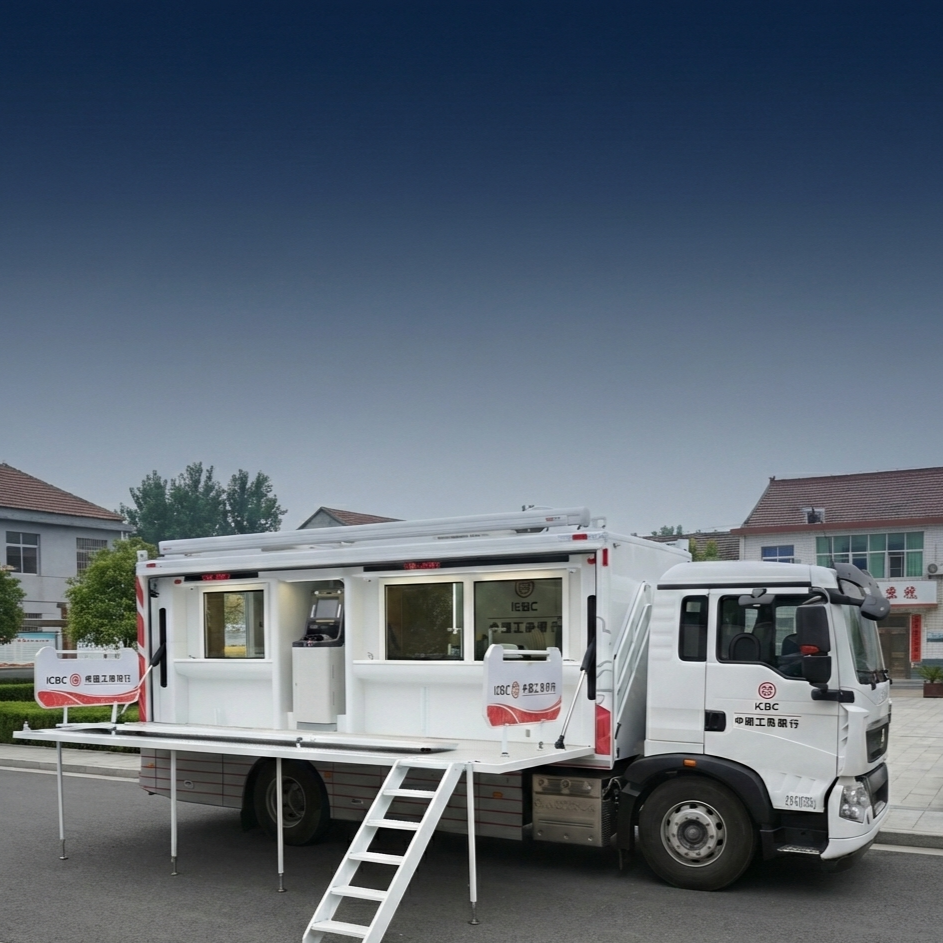 A mobile bank branch truck with a white exterior, steps leading up to the window, and supported by metal poles, parked on a street in a neighborhood with houses and trees.