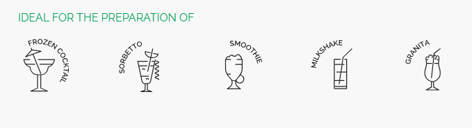 Illustrasjoner av ulike drikkevarer: en frossen cocktail, en sorbet, en smoothie, en milkshake og en granita.