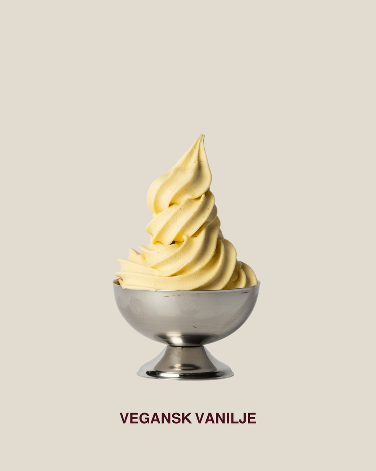 Vegan vanilla soft-serve served in a silver bowl