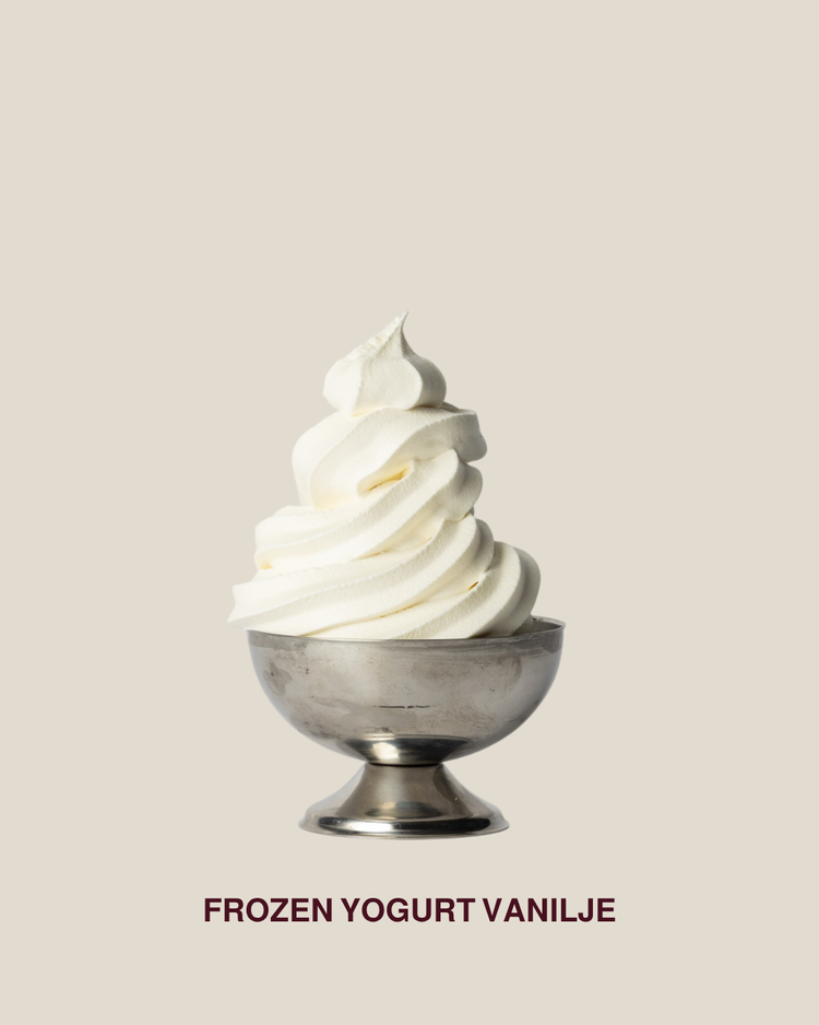 Frozen Yogurt Vanilje servert som soft serve i sølvskål