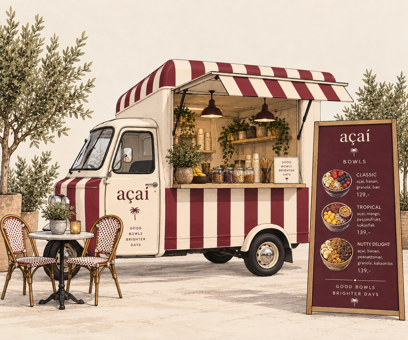 Illustrasjon av en açaíbod i en ombygd varebil, med menytavle, açaí bowls og bord utenfor
