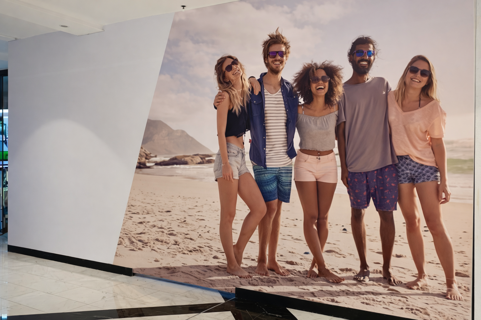 Indoor retail hoarding graphics featuring full-colour printed branding on temporary wall panels