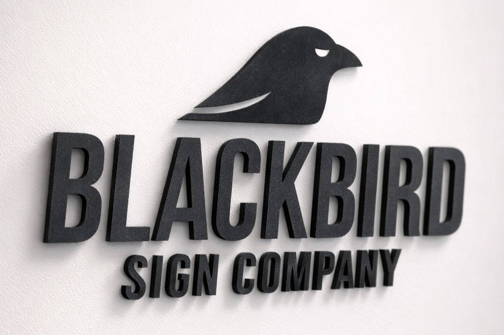 Blackbird Sign Company logo with a black bird silhouette and bold black text on a white wall.