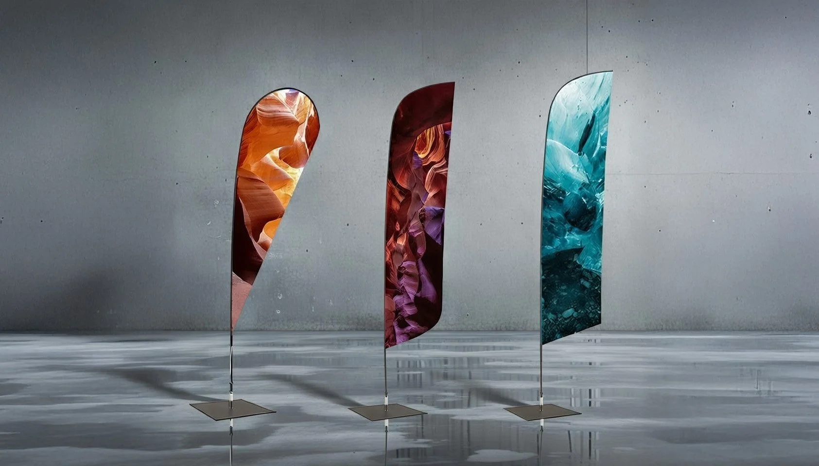 Custom fabric display flags printed with full-colour branding for promotional and event use