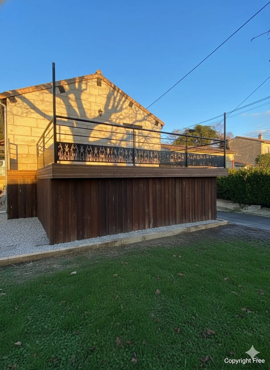 Maisons avec terrasses en pierre et en bois, shadow d'arbre sur le mur, ciel bleu, ligne électrique.