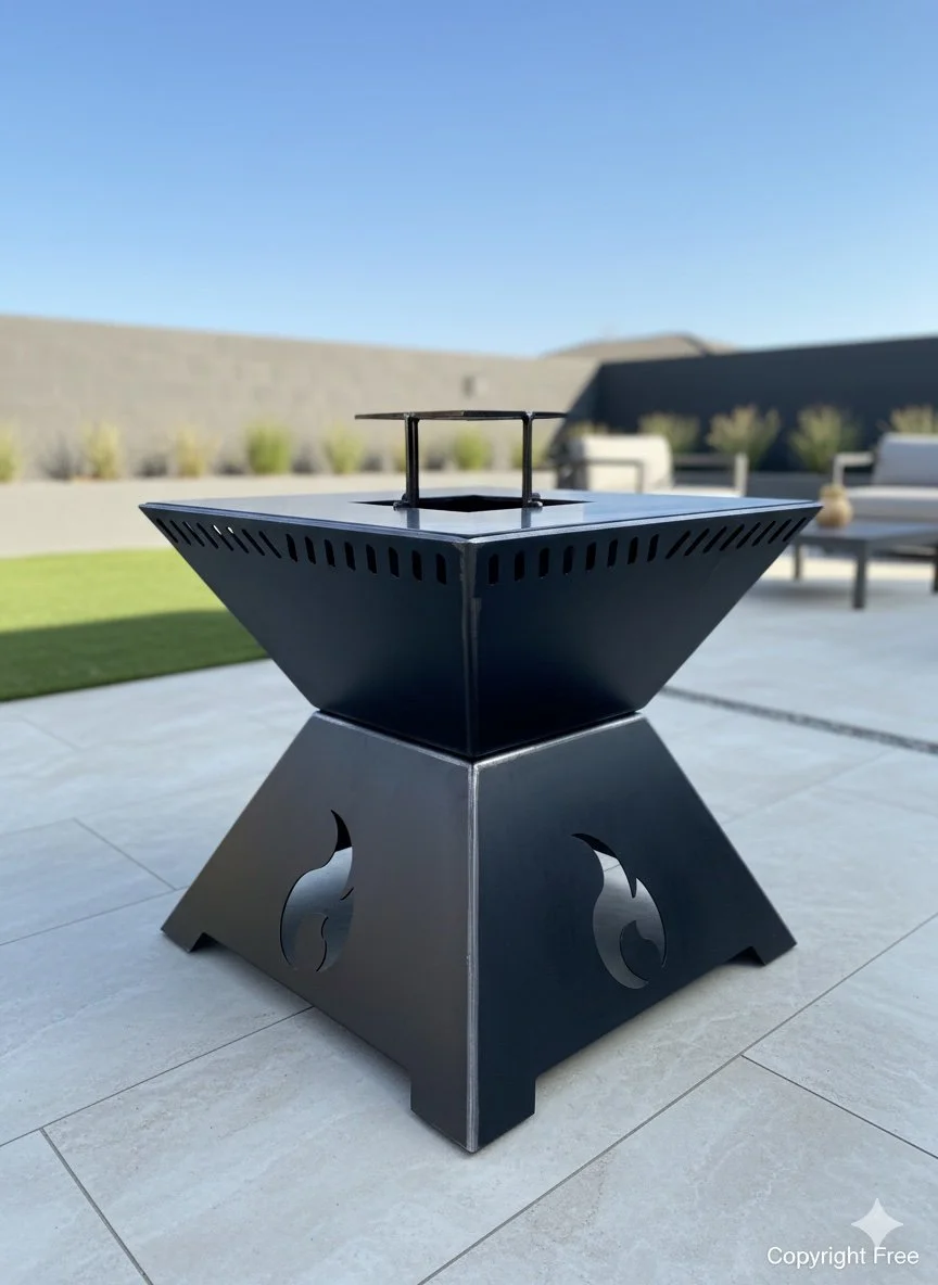 Un barbecue en métal noir placé sur une terrasse extérieure en pierre, avec un mobilier minimaliste en arrière-plan et un ciel dégagé.