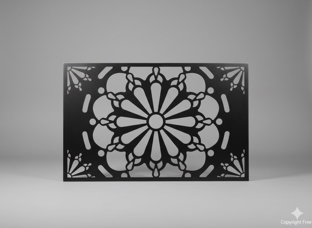 Une pièce en bois découpée avec un motif floral intricate, posée à plat sur une surface plane.