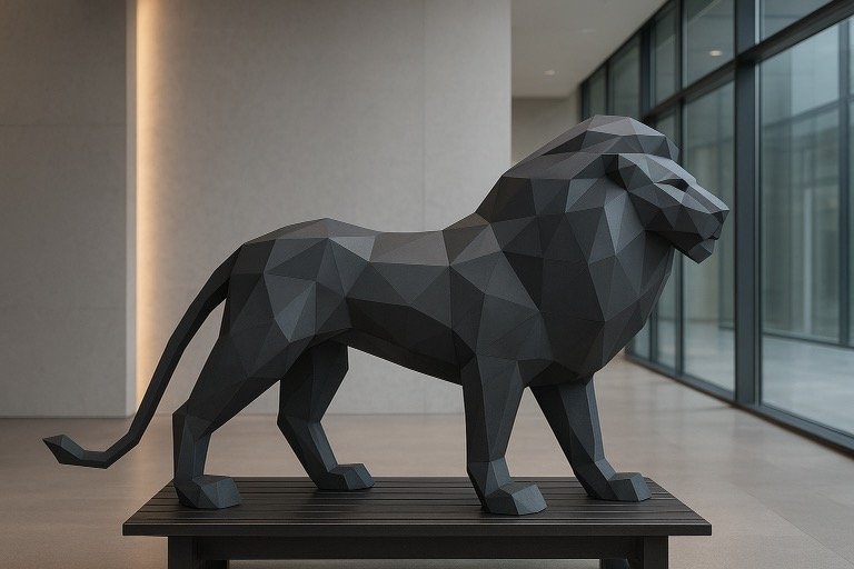 Statue géométrique d'un lion en noir, exposée dans un espace moderne avec de grandes fenêtres.