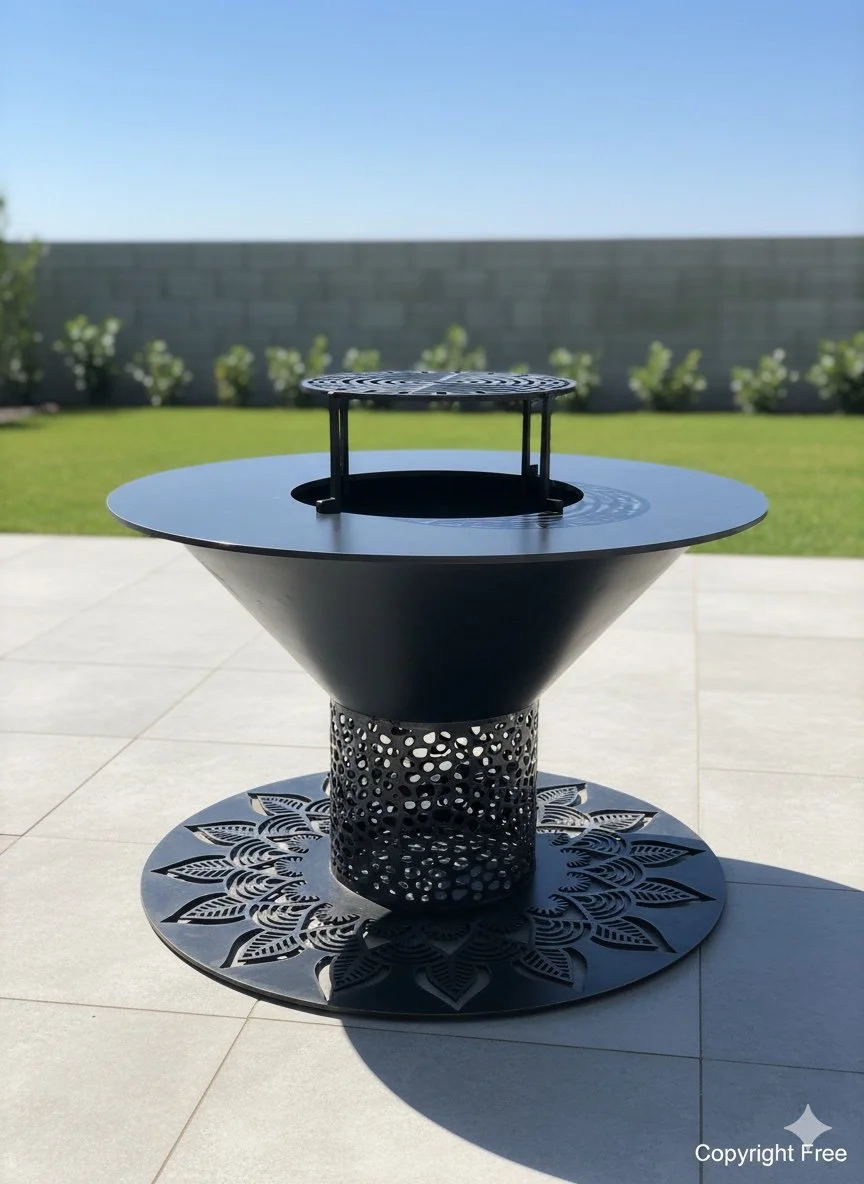 Un barbecue en métal noir avec une surface en forme de cône inversé, placé sur une terrasse extérieure en pierre, avec un parterre de pelouse et un mur en brique en arrière-plan, sous un ciel bleu clair.