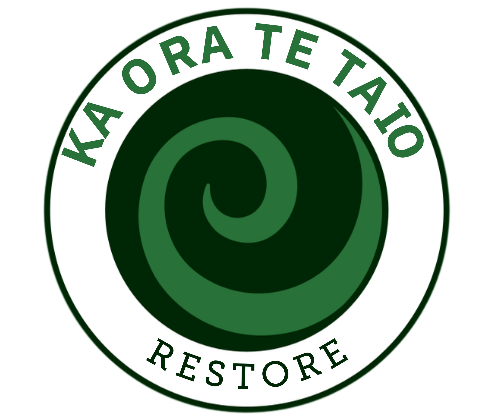 A circular badge with the words 'KARATE ORATE' at the top and 'RESTORE' at the bottom, featuring green concentric circles in the center.
