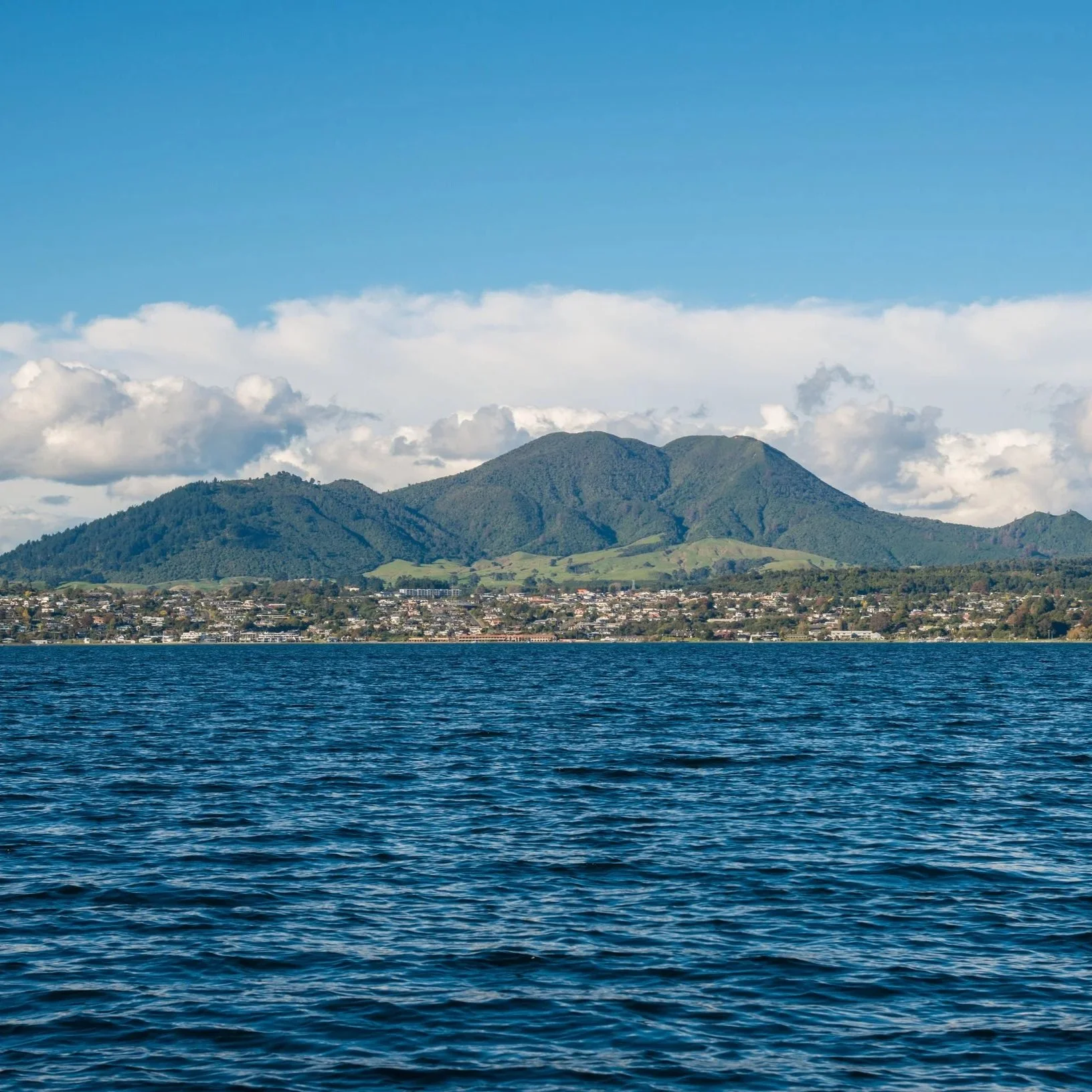 A view of a city with a large, green, hilly mountain in the background and water in the foreground.