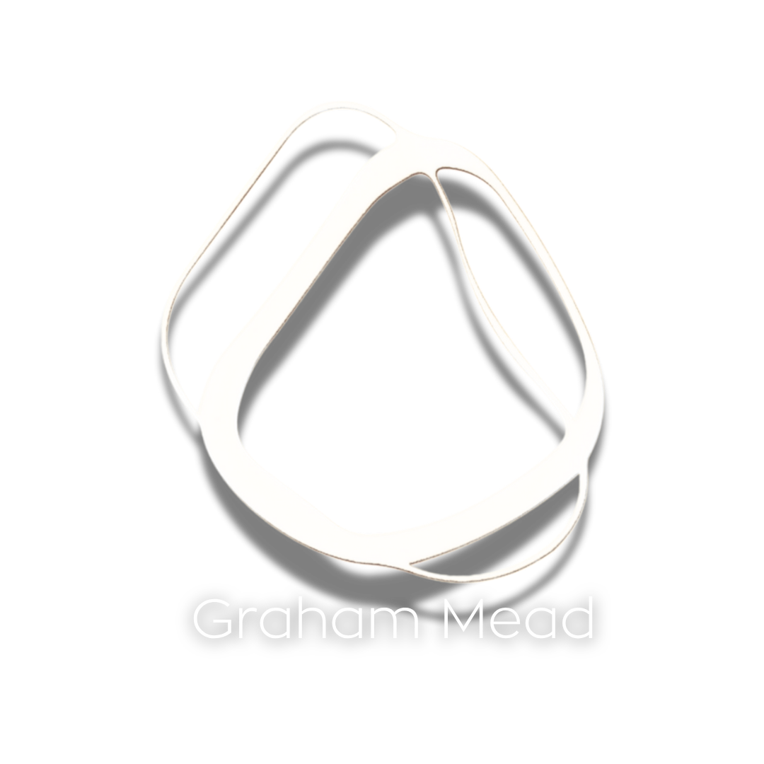 White abstract ring design with the text 'Graham Mead' beneath it on a black background.