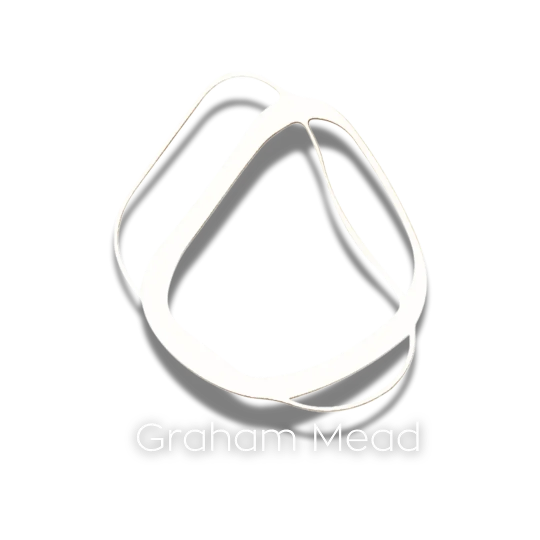 logo of graham mead . a White abstract ring design with the text 'Graham Mead' beneath it on a black background.