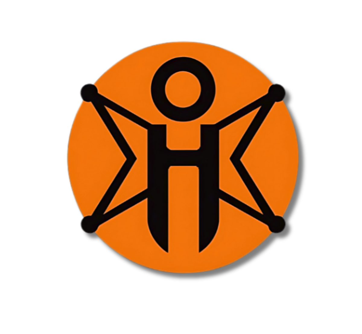 A stylised graphic of a human figure holding a large tool, with a star behind, inside an orange circle. The figure and star are black, with the background black.