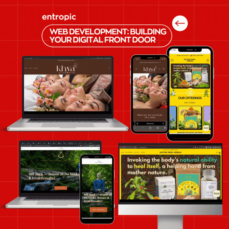 A digital collage showcasing various screens of a website called Khya, displayed on a laptop, a smartphone, and a desktop monitor. The website features wellness and herbal products, with vibrant images and text emphasizing natural healing and therapeutic offerings, set against a red background with the heading 'Web Development: Building Your Digital Front Door.'
