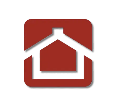 A marae logo featuring a black silhouette of a house inside a red square with rounded corners.