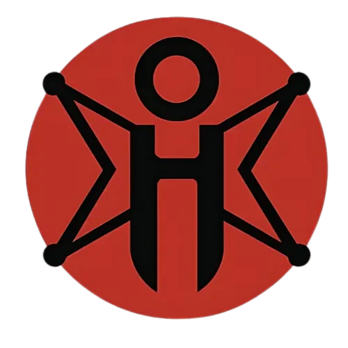 A stylised graphic of a human figure holding a large tool, with a star behind, inside an orange circle. The figure and star are black, with the background black.