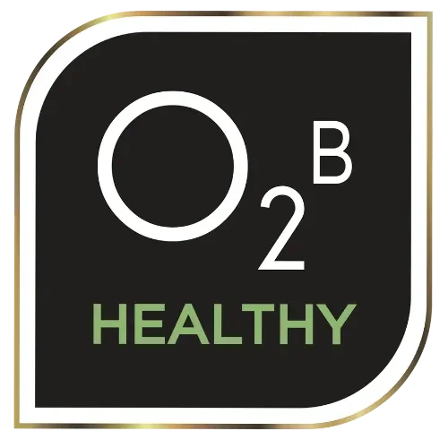 A sign with a black background and white border, displaying the chemical symbol for oxygen (O2), and the words 'Healthy' in green.