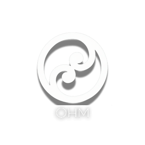 A circular logo with a black background, featuring a white tribal-style swirl symbol in the center and the text 'OHM' underneath.