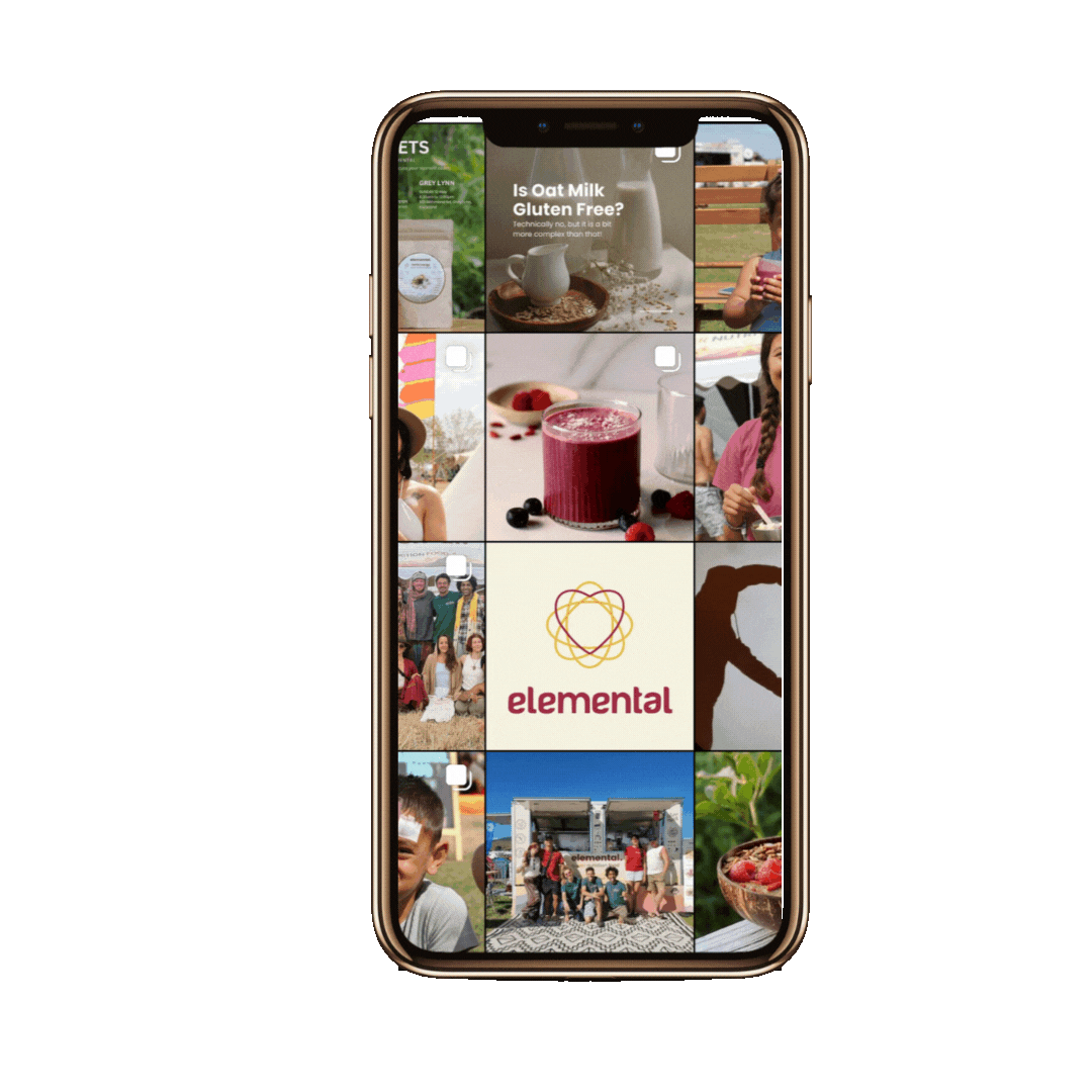 An iPhone displaying an Instagram grid with images of food, people, and the logo of Elemental, set against a bright green background.
