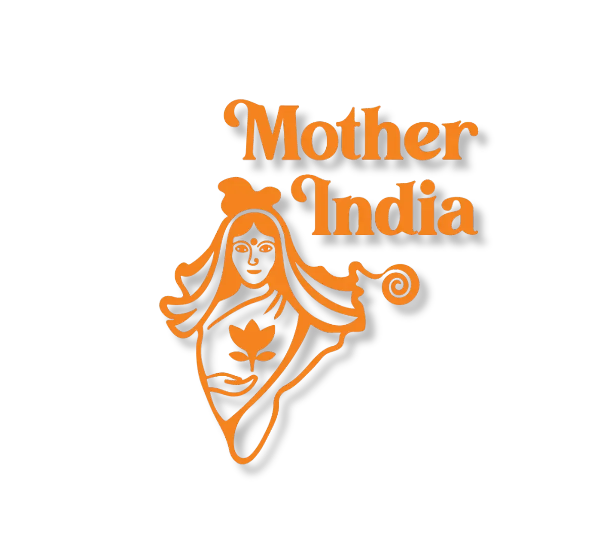 Logo with outline of a woman holding a lotus flower and the words "Mother India" in orange against a black background.
