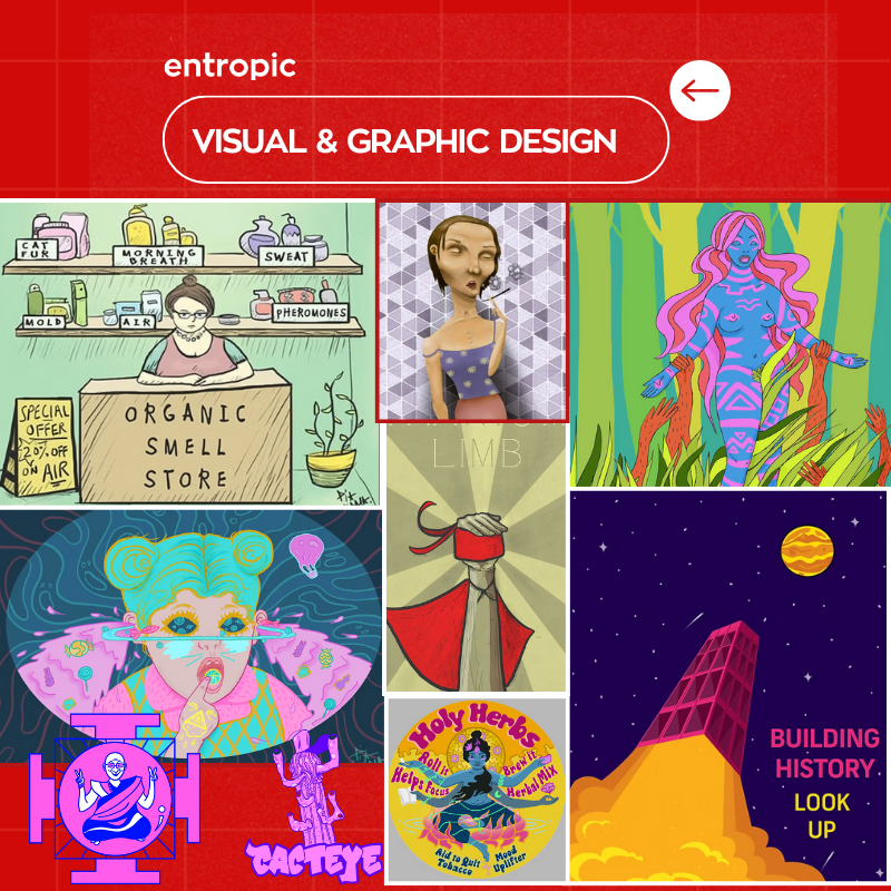 Collection of colorful graphic design artworks including a store sign, 3D animated character, abstract woman, space scene with building and planets, a psychedelic girl, herbal herb label, and a cosmic mountain scene with quote.