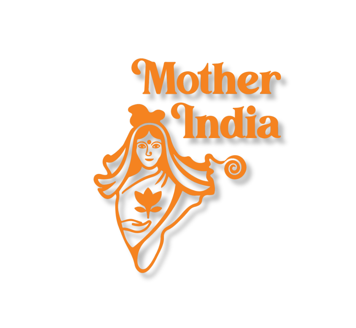 Logo with outline of a woman holding a lotus flower and the words "Mother India" in orange against a black background.
