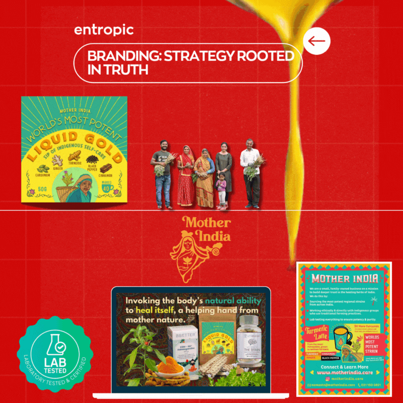 A promotional image with red background displaying the brand Mother India and its products, including turmeric and ginger, with people holding flowers, and a section explaining the company's mission and products.