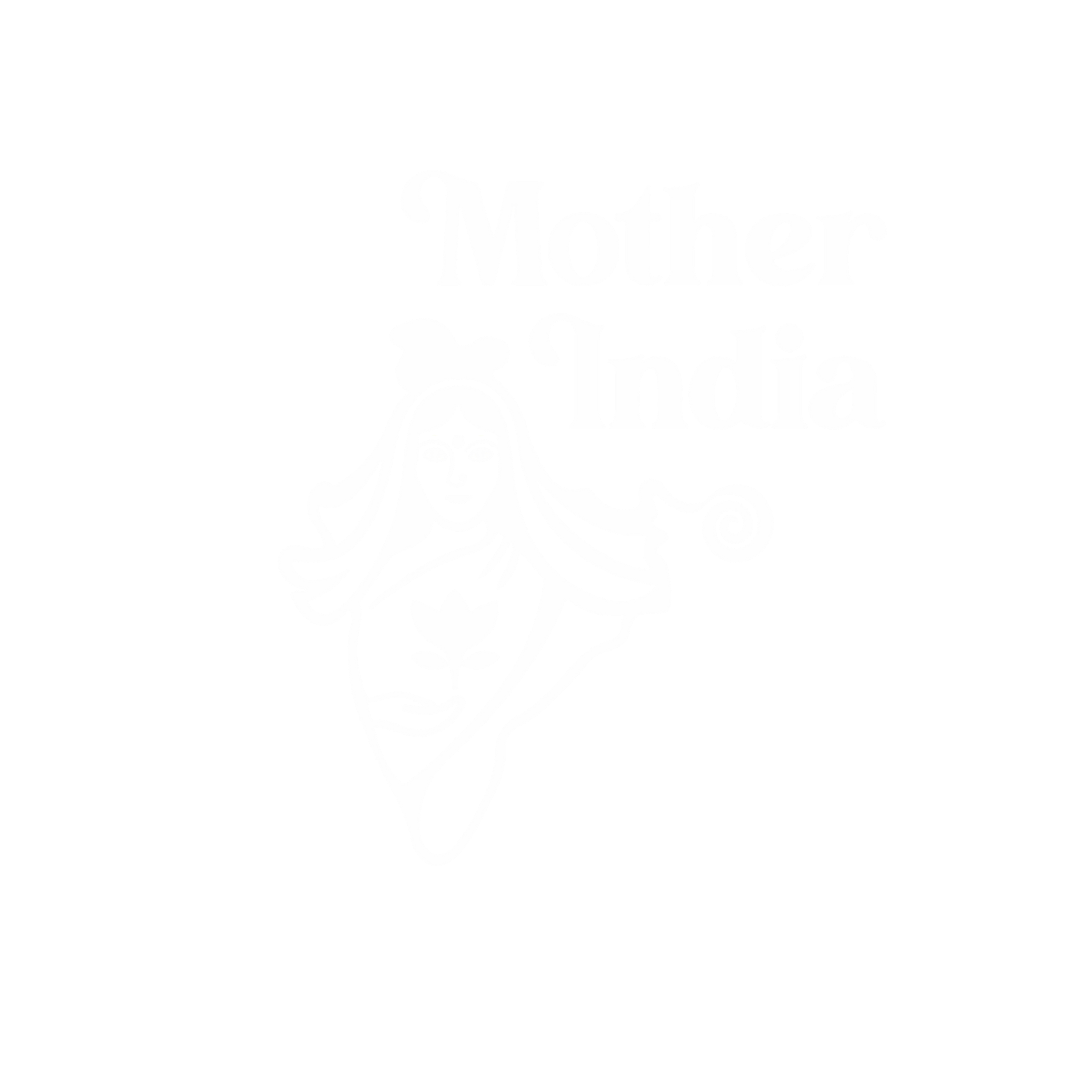 Outline illustration of a woman with long hair and a lotus flower on her chest, holding a magazine or newspaper, with the words 'Mother India' above her in bold letters.
