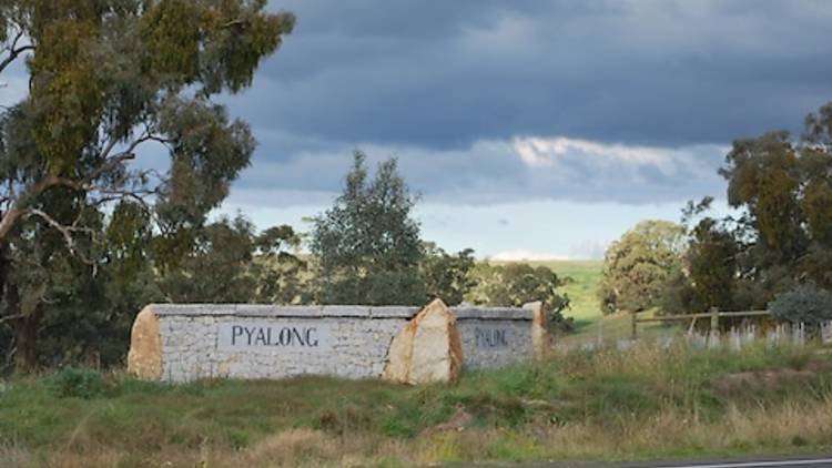 A stone sign with the word 'PYALONG' engraved on it, situated in a grassy area with trees and cloudy sky in the background. Located in Pyalong Victoria