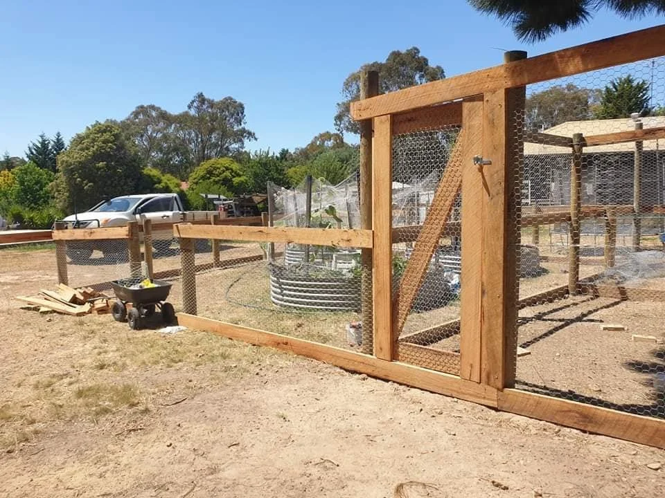 Wooden fence under construction with wire mesh, in a backyard with trees and a parked vehicle in the background.