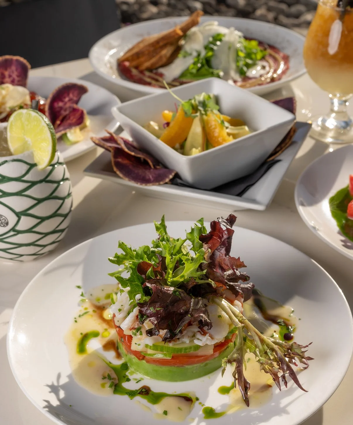 A gourmet dish featuring fresh vegetables topped with mixed greens, served with a drizzle of dressing on a white plate.