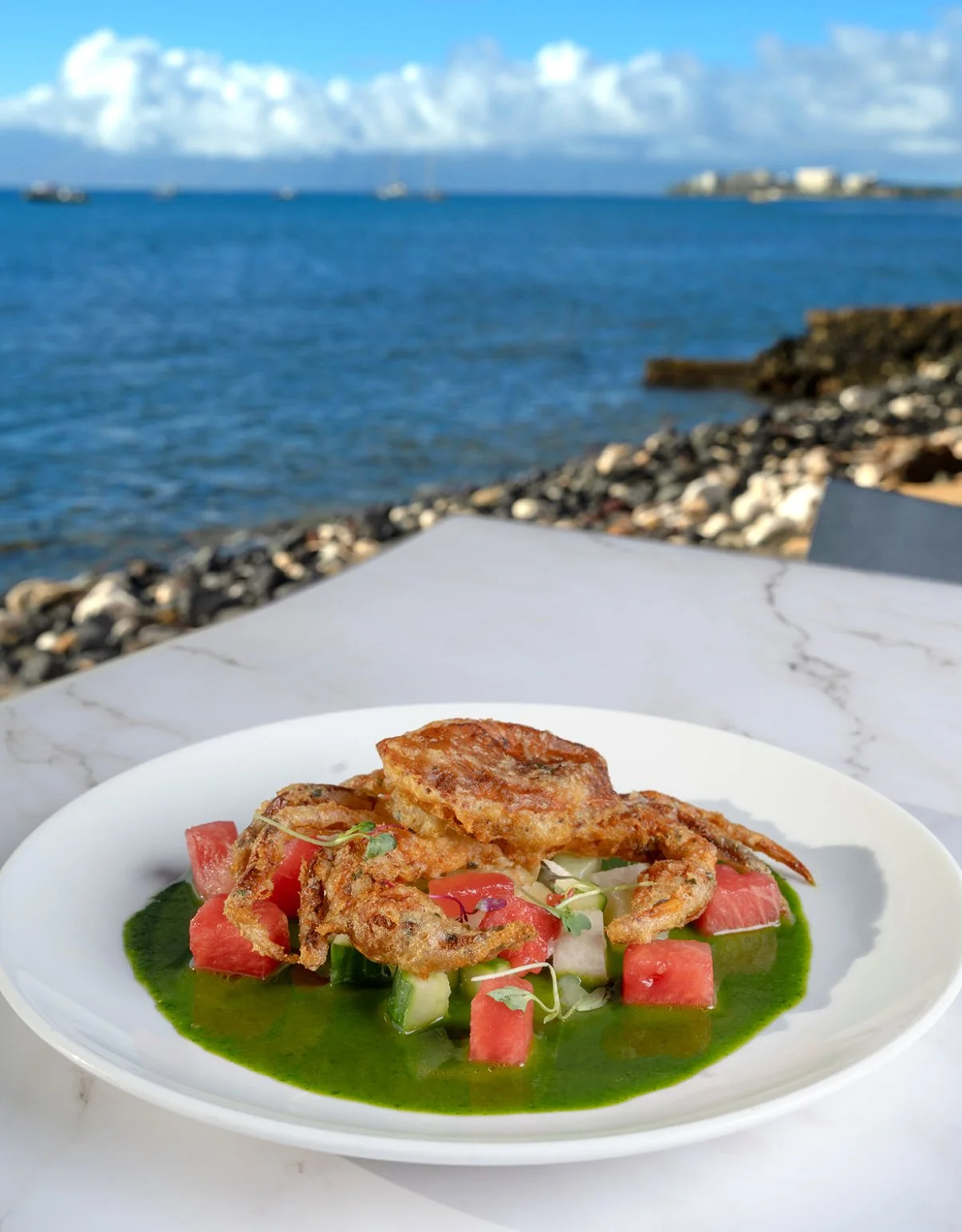 A seafood dish with fried shrimp, diced tomatoes and cucumbers, microgreens, and green sauce on a white plate, set outdoors by the ocean with a rocky shoreline and boats in the background.