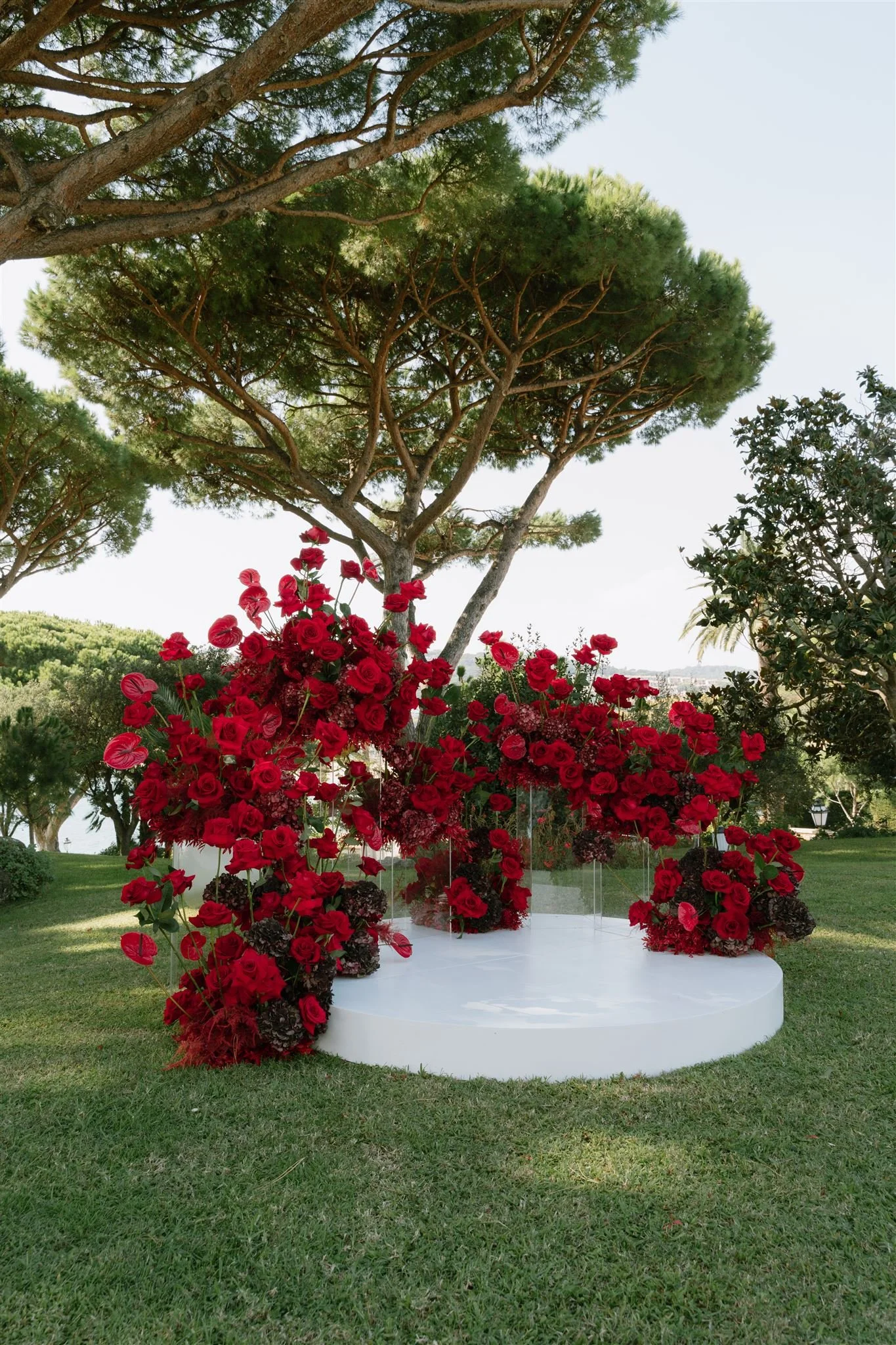 A couple holding hands while standing outdoors, with the person on the left holding a bouquet of flowers, and sunlight shining around them.
