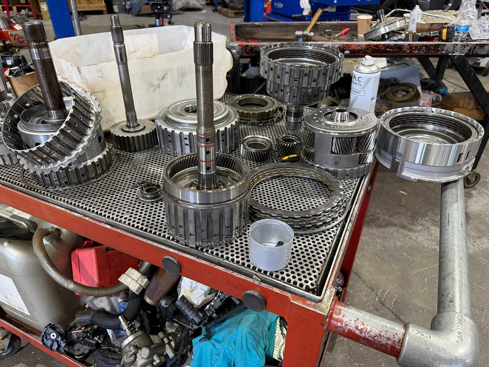 Automatic gearbox components dismantled for a gearbox rebuild in Peterborough