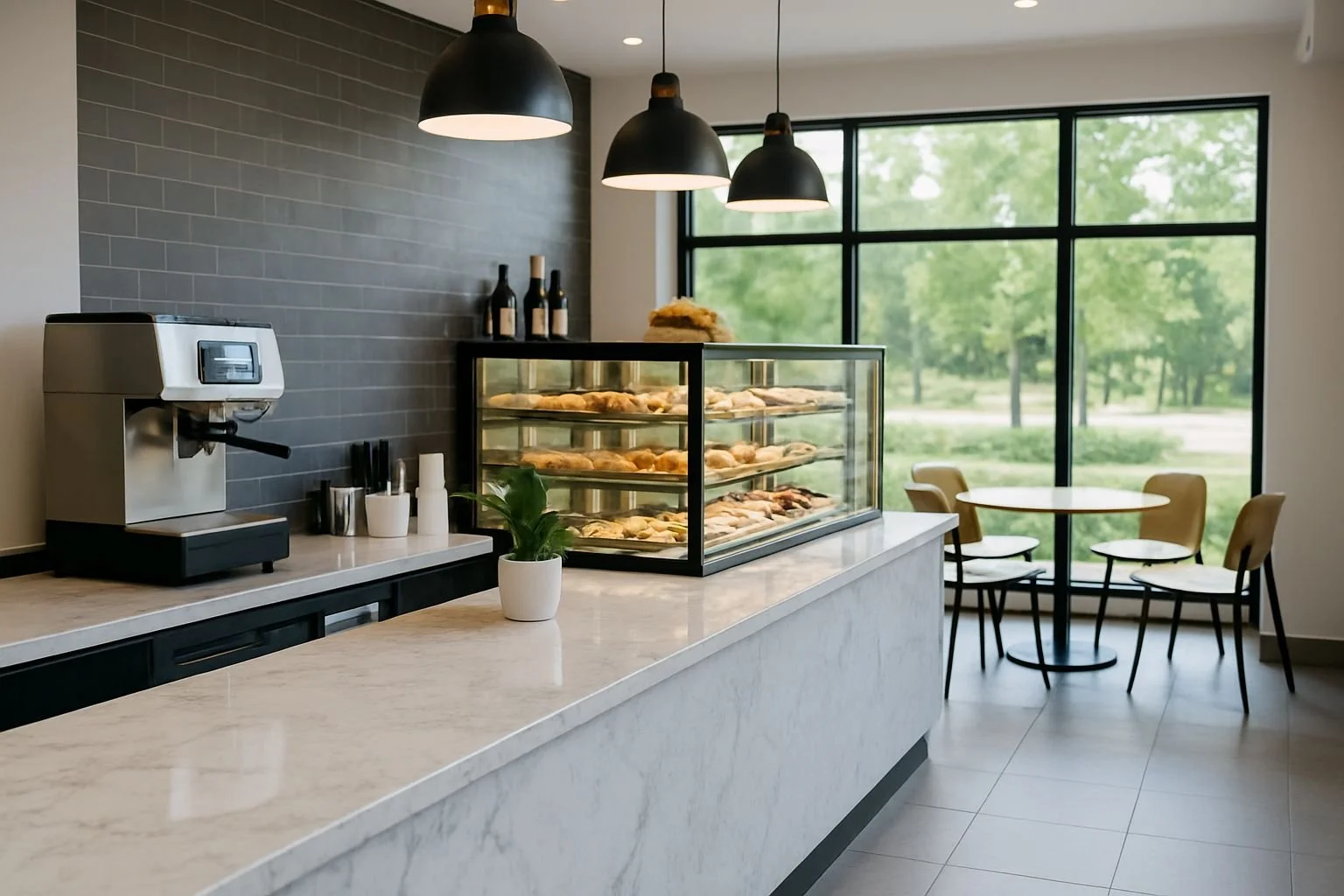 Modern café interior with black hanging pendant lights, a glass display case filled with baked goods, a coffee machine on a white marble countertop, and round tables with chairs near large windows overlooking a green outdoor scenery.
