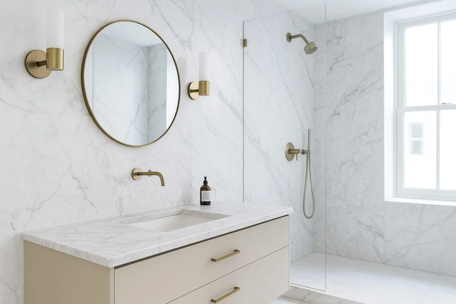 Bathroom with white marble walls and floors, a beige vanity with a sink and gold hardware, a round mirror, gold wall sconces, a bottle of soap, and a shower area with a handheld showerhead and a large window.