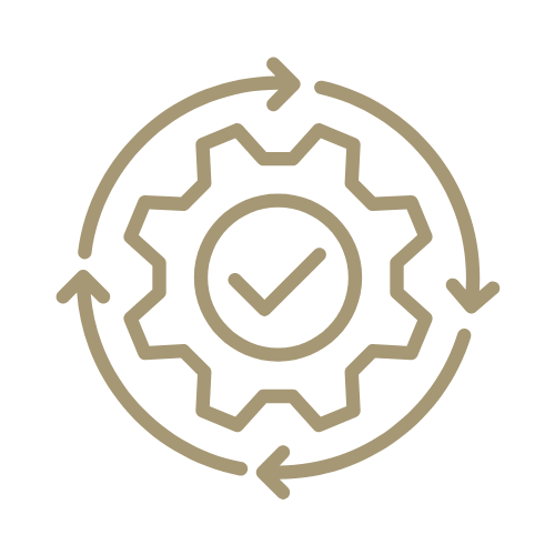 Gear icon with checkmark inside, surrounded by circular arrows indicating process or cycle.