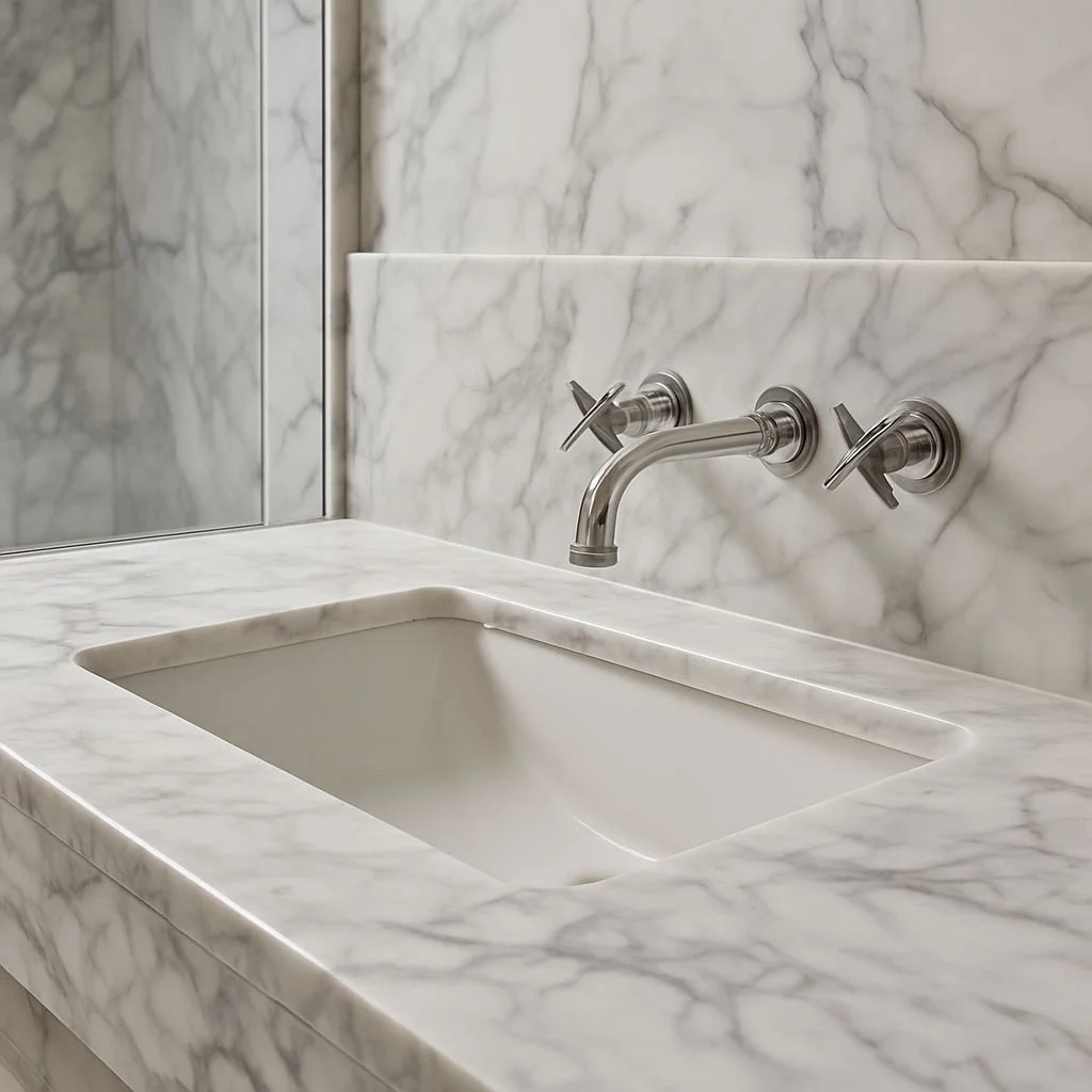 A marble bathroom sink with a chrome faucet and temperature controls.