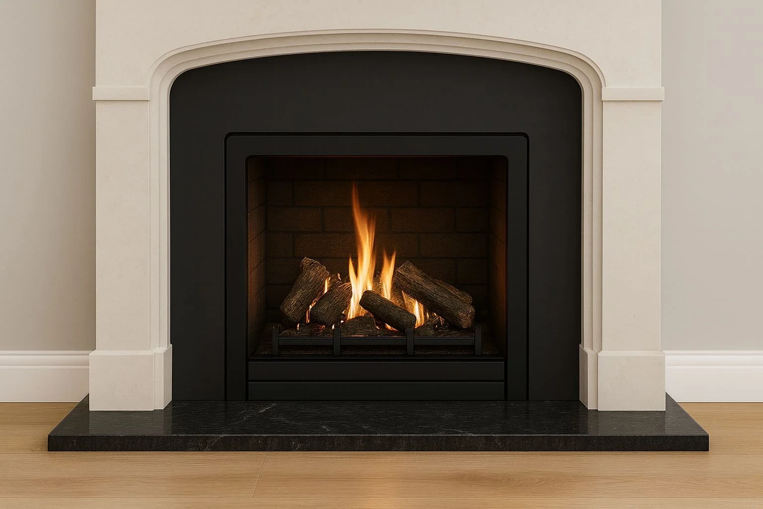 Modern fireplace with burning logs surrounded by a white mantle and black hearth in a cozy living room.