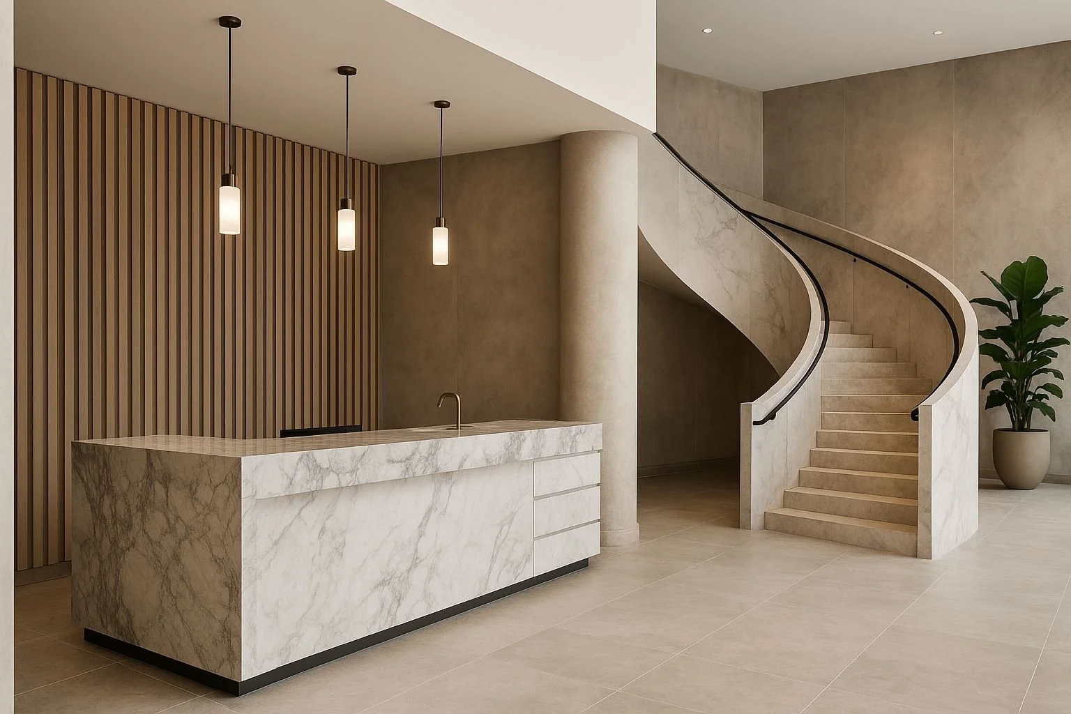 Modern lobby area with marble reception desk, staircase with curved railing, beige walls, and a potted plant.