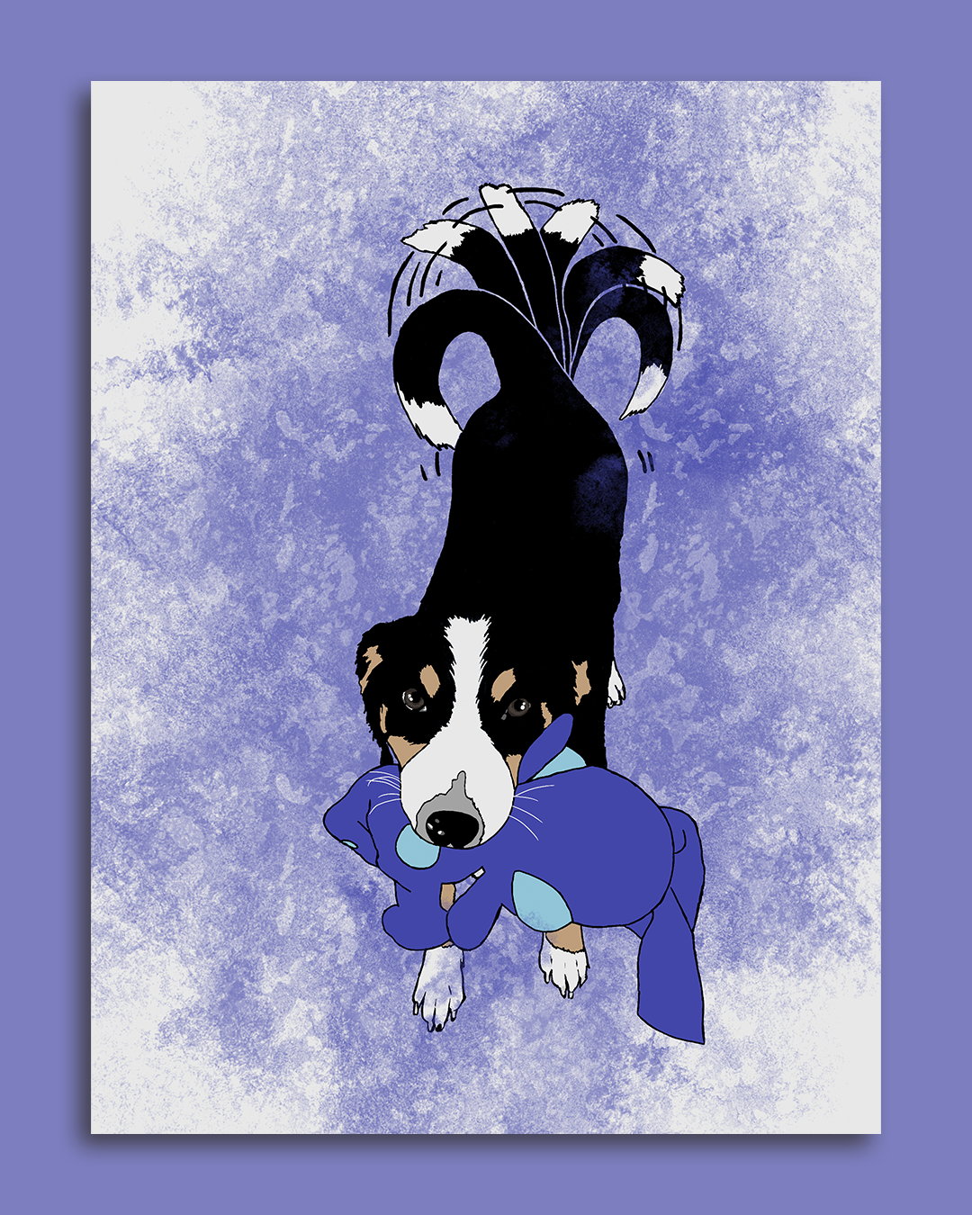 Digitale Illustration eines wedelnden Hundes, der ein Plüschtier im Maul hält auf lila-melierter Hintergrund.