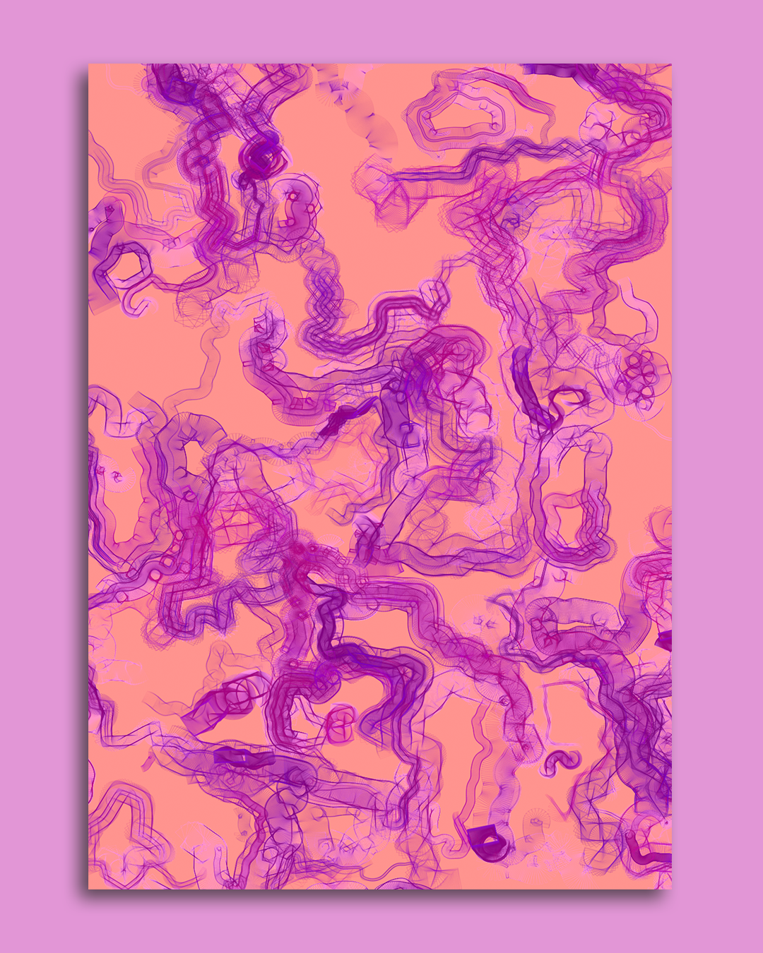 Abstraktes digitales Kunstwerk mit verschlungenen Linien in Lila auf rosa Hintergrund.