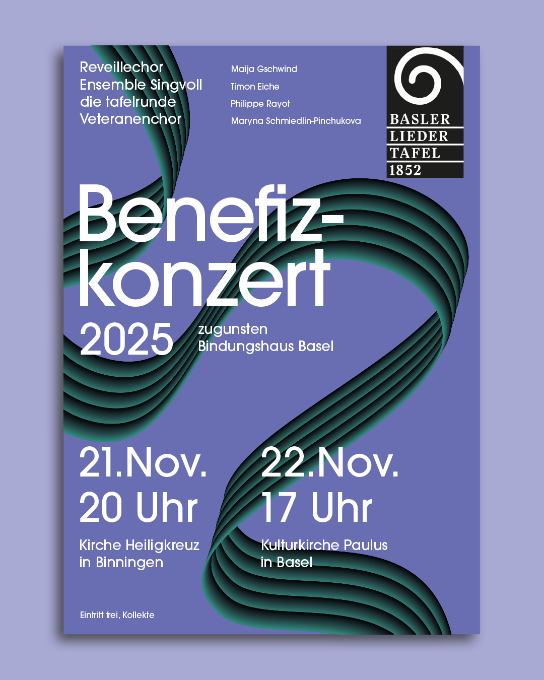 Veranstaltungsplakat für ein Benefizkonzert 2025 zugunsten des Bindungshauses in Basel, mit Datum und Ort, Design mit schwarzen und grünen Schnörkeln auf lila Hintergrund.